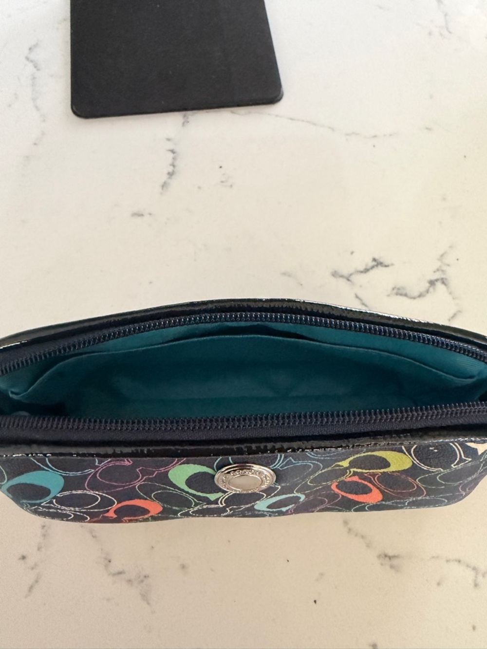 Coach Multicolor Logo Satchel with Black Patent Trim and Teal Stripes W Pouch - Picture 6 of 9